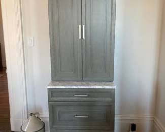 Front gate set: will sell individual cabinets/hutch or as a group. Full set includes two hutches (one glass, one wood doors) and middle marble top cabinet with no hutch.