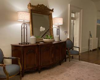 Large French enfilade with parquet inlay. Four doors with key and locks. Shelving inside. Large Mirror and tall lamps are also in this sale.