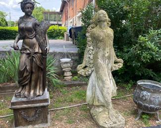 Garden items: Gorgeous bronze statue of Demeter, goddess of the harvest, and solid stone statue of Flora with aged patina.