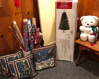 Xmas pillows, gift wrap, 7 ft. lighted tree, Freddy Xmas bear from Frederick & Nelson