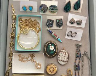 Mexican sterling earrings, magnifier pendant, Toledo ware bracelet, 3 Graces cameo & more