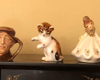 Royal Doulton mini Toby jugs & cat, Josef Originals "tilted head" December girl, Norcrest Happy Birthday angel