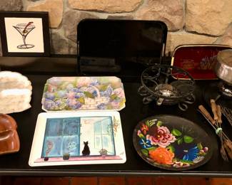 Wood & capiz shell trays, fondue pots + forks