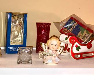 Angel tree topper, Viking votive holder, porcelain angel nightlight, Fitz & Floyd 1978 ceramic sleigh, paper mache red Santa boot