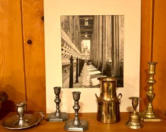 Pewter & brass candlesticks, old B & W photo