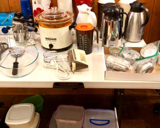 More kitchen: vintage Crock-Pot, many coffee carafes, Tupperware & more