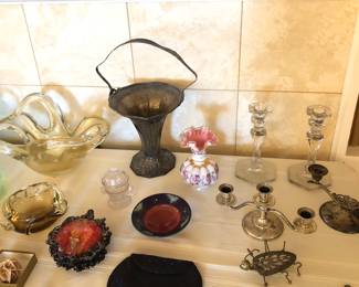 Murano glass bowls, silverplate bride’s baskets by Barbour, Fenton Charleton Peach Crest vase, glass & silver candle holders