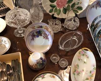Cut crystal decanter, creamer + sugar & covered candy dish, hand painted cup & saucer + oval dish, Candlewick Imperial divided dish