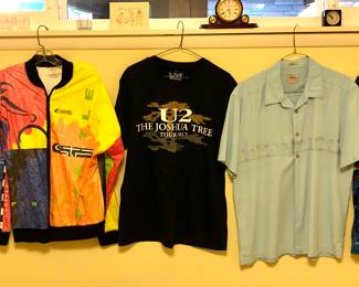1998 & 2001 STP jackets, 2017 U2 Joshua Tree Tour t-shirt, Quiksilver Waterman shirt + Hawaiian shirt (sizes L & XL)