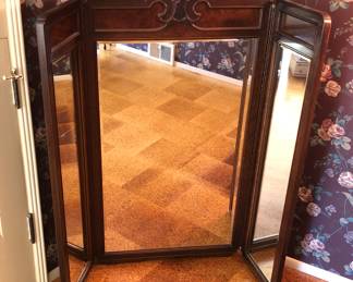 Asian style triptych mirror (47” H, 52” wide when fully open) - originally went on a dresser