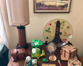 Mid century Gruvwood lamp, wooden cat trinket box, groovy elephant bank, Inarco turtle planter, coaster sets, Snoopy playing cards