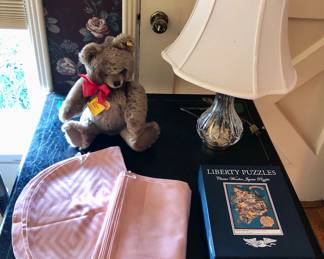 Steiff 0202/41 growler bear, Georg Jensen placemats & napkins, crystal table lamp, Liberty Hawaii puzzle
