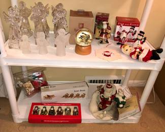 Xmas: Mikasa glass angels, Eddie Bauer geese snow globe, Fitz & Floyd S&P set w/box, brass sleigh & reindeer, glass Xmas light covers & more