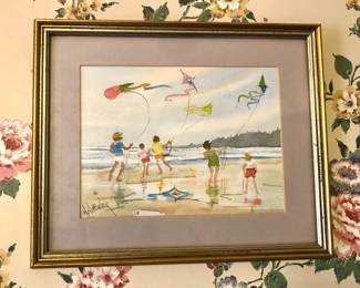 Watercolor of children flying kites by Seattle artist Nell Wheeler (1917-2007), signed lower left, framed size 9” x 11”