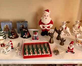 More vintage Xmas: ceramic snow globe, plastic Nativity sets with orig. boxes, Santa candle, Napco ceramic reindeer, Santa mugs