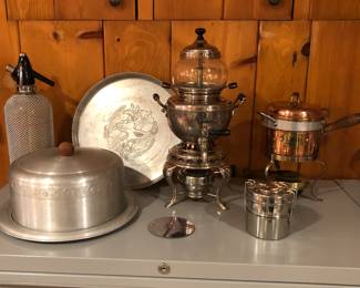 Soda siphon, vintage aluminum cake caddy, Empress coffee urn, copper fondue pot