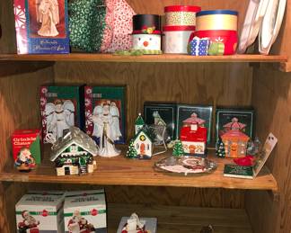Newer Xmas decorations - lighted ceramic houses, stocking holders & more