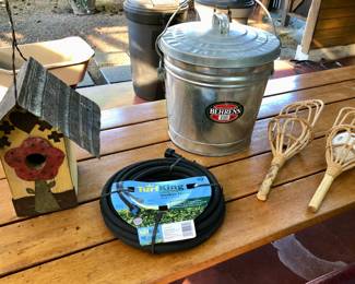 Fun birdhouse, metal pail with lid, 50 ft. soaker hose, takraw ball game set