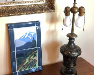 Paul Lewing studio pottery tile plaque (can hang or sit flat as trivet), old brass lamp 24” tall