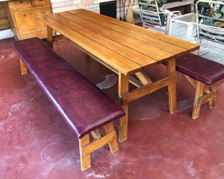 Vintage 7 ft. wooden picnic table + 2 vinyl covered benches (table is 84”L, 29.5”D, 30”H) Vinyl could be removed from benches - seats are boards like on table top