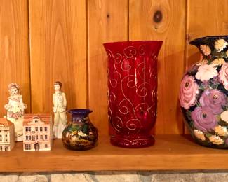 Czech ceramic houses, colorful vases & pitcher