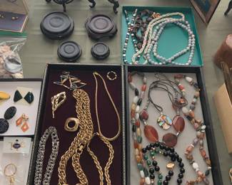Asian vase stands, costume jewelry by Monet & more, necklaces with semi-precious stones