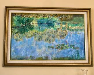 “Water Lilies Langley, Whidbey Island”, oil painting on board by Michael A. Munz, (1943-2024), framed 19” x 28”