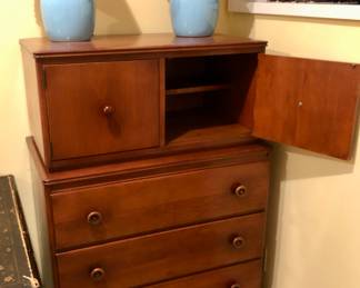 Vintage dresser - it’s actually 2 separate pieces (32”W, 18”D, 47”H overall), pair of blue ceramic lamps