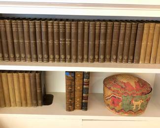 Antiquarian books: 1857 set of Ticknor “Waverley Novels” (40 vols.), "Ave Roma Immortalis” by Crawford 2 leather bound vols. (1899), 1837 “Richelieu” by James, interesting basket with lid