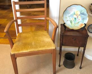 One of pair of vintage chairs (U.S. Gov’t issue from Fort Sumner, N.C.), vintage humidor, hand painted plate with iris