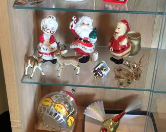 Vintage Xmas ornaments, Santa & Mrs. Claus S & P shakers, Santa ramp walker
