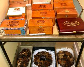 Cigar boxes & pine cone candle holders