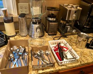 Braun coffee grinder, Osterizer blender, Cuisinart Burr coffee grinder, flatware & utensils
