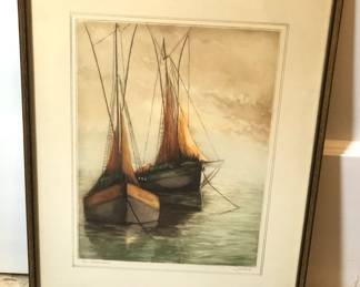 Etching by Jules “Les Thoniers” (The Tuna Boats), signed & titled in pencil, framed size 15” x 20”