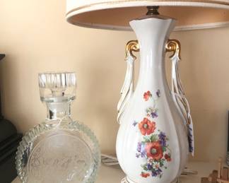 Paden City “Spring Orchard” etched decanter, vintage ceramic lamp