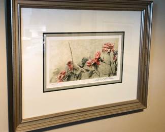 1996 print by Robert Bateman (Canadian, b. 1930) “House Finch & Roses”, edition of 4500 with COA, pencil signature lower right, framed size 14” x 18.5”