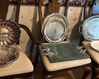 Silver plate trays, green marble cheese server tray