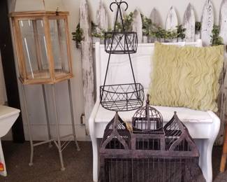 Outdoor decor, birdcage, planter, glass display, bench, pillow