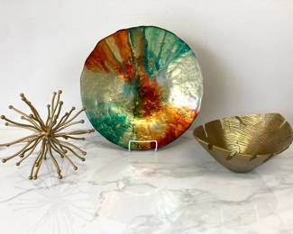 Lot 4070 Reverse Painted Glass Bowl Metal Bowl Gold Metal Wavy Sunburst Sculpture