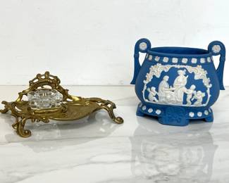 Lot 4044 Antique Brass Inkwell Stand Vintage Jasperware Wedgewood Inspired Handled Vase