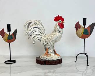 Lot 4049 Vintage Rooster Figurine Rustic Rooster Candle Holders