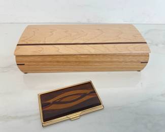 Lot 4028 Mikutowski Woodworking Birdseye Maple Canary Wood Wenge Lidded Treasure Box and Davin Kesler Wood Metal Business Card Holder