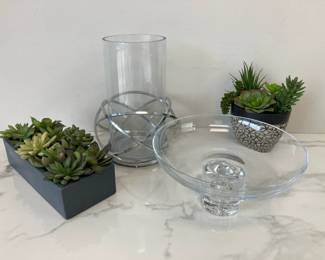 Lot 4231 Footed Glass Platter Vase Faux Succulent Plants in Pots