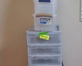 Plastic Storage Bins And 3 drawer On Casters