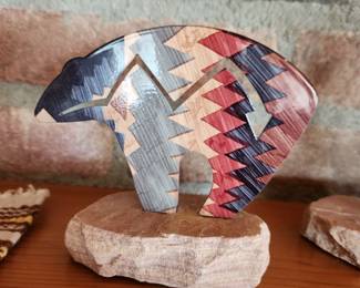 Lazart Petrolglyph Metal Native-American Navajo Indian Bear Statue on Soapstone.