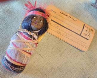 Vintage 50's Skookum Native American Doll Souvenir with Original Mail Tag.