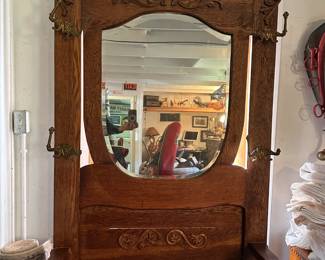 Antique Oak Mirror Hall Tree