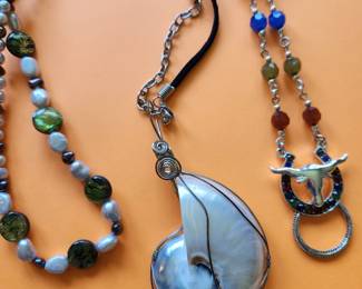 Natural Pearl Necklace. Shell with Silver Threading. Steer Head with Precious Stones.