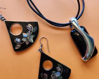 Mexican Silver/Abalone Earrings. Precious Stone Pendant.