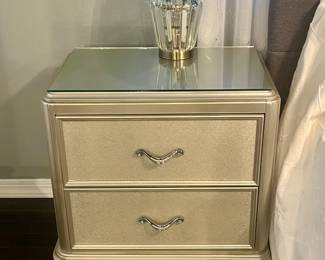 Pair of Silver Sabrina Nightstands with USB Charging Ports - Platinum finish.